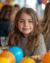 Fototapeta na wymiar Happy young girl with freckles smiling at a birthday party with balloons. 