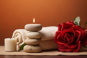 Fototapeta na wymiar Banner for spa salon or relaxing massage with rose, burning candles, soft towels and massage stones