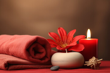 Obraz na płótnie Canvas Aromatherapy and spa salon, relaxation accessories, candle, flower and towel on red background