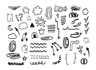 Sketch and draft of signs, symbols, elements. Doodle. Background. Isolated. Children's doodles and sketches. Abstract squiggles. Strikethroughs. Hand drawing. Trends. Horizontal and vertical lines
