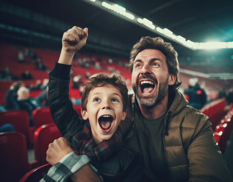 father and son cheer football team at grandstand..cheer for their favorite team at a sports match, football, competition, stadium, arena