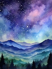 Cosmic Galaxy Watercolors Rolling Hills Art: A Breathtaking Palette of Galaxy Over Hills