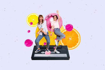 Creative retro 3d magazine collage image of carefree cheerful ladies friends dancing having fun...