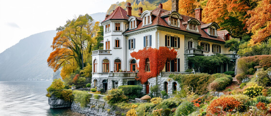 Obraz premium Rural Surroundings Village Castle Landscape in the Alps in Switzerland Austria Italy Bavaria Peace and Quiet Wallpaper Digital Art Magazine Background Poster