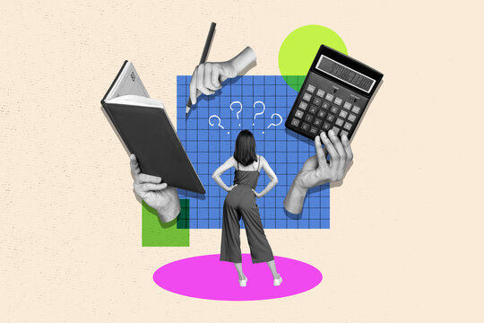 Horizontal surreal picture photo collage of young lady stand backwards thinking counting hand hold calculator write notes mathematics