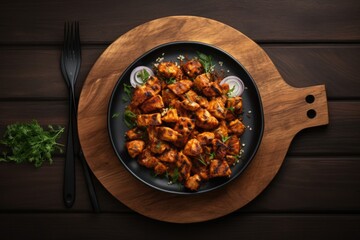 Indian cuisine - Tikka on wooden table top. Overhead view.