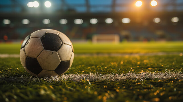 Full night football arena in lights, soccer ball in the stadium, close-up. Football match, football championship, sports. Photorealistic, background with bokeh effect. 