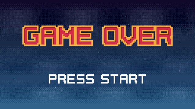 Animated pixel art Game Over screen with starry sky on background. 8-bit retro video arcade style animation of Game Over backdrop screen with Press Start button.