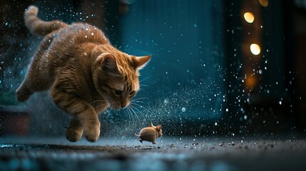 A cat chasing a mice, dynamic action, jumping, splashes of dust, nature photography, raking light, blue lights in the background - Powered by Adobe