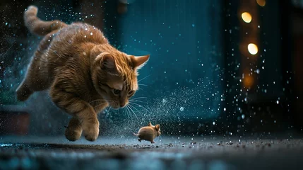 Tuinposter A cat chasing a mice, dynamic action, jumping, splashes of dust, nature photography, raking light, blue lights in the background © Koplexs-Stock