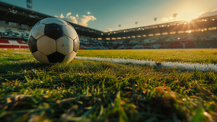 Full  football arena at sunrise, soccer ball in the stadium, close-up. Football match, football championship, sports. Photorealistic, background with bokeh effect.  - obrazy, fototapety, plakaty