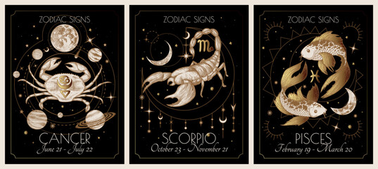 Vector illustration of zodiac signs card. Water signs: Cancer, Scorpio and Pisces. Gold on a black background in engraving style	
