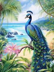 Elegant Peacock Illustrations: Exotic Beach Art on a Tropical Island