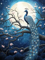 Moonlit Night: Glowing Peacock Illustrations Adorn Elegant Landscape