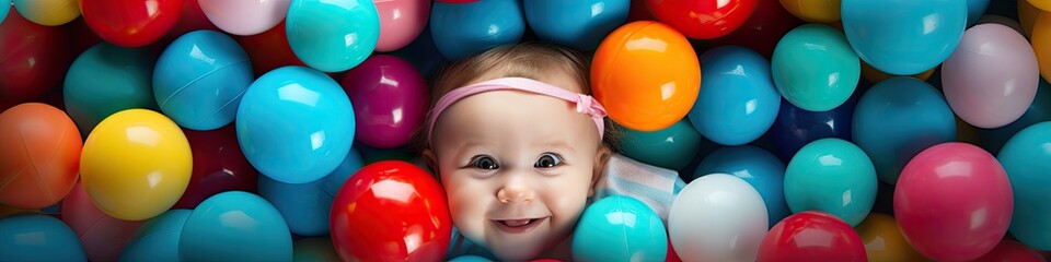 Fototapeta na wymiar Top view to baby infant with colorful plastic balls around, playful image