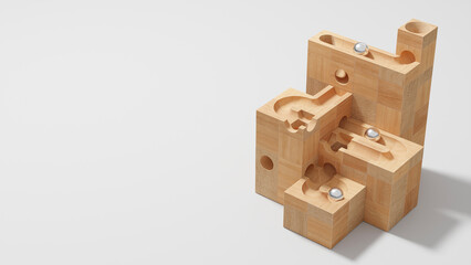 Wallpaper of wooden marble run toy with copy space. Rolling ball sculpture on plain empty...