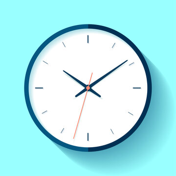 Clock icon in flat style, timer on blue background. Fine lines. Business watch. Vector design element for you project