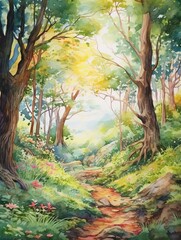 Fototapeta premium Enchanted Woodland Fairy Designs: Watercolor Landscape and Fairy Watercolors