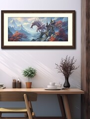 Panoramic Dragon Scenes: Framed Fantasy Dragon Illustrations in Landscapes