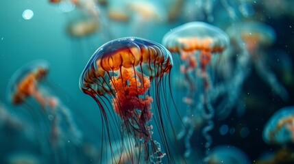 Ethereal Underwater Dance: Graceful Jellyfish in the Depths - obrazy, fototapety, plakaty