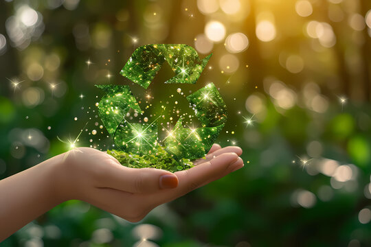 Green leaf held in hands symbolizing care for the environment and nature's growth on Earth ,recycling 