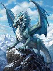 Fantasy Dragon Illustrations: Snow-Capped Peak Dragons - High-Altitude Dragon Print