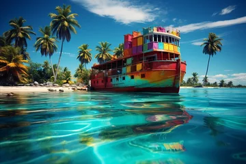 Fototapeten A container ship sails across the ocean, with a tropical island in the background © anwel