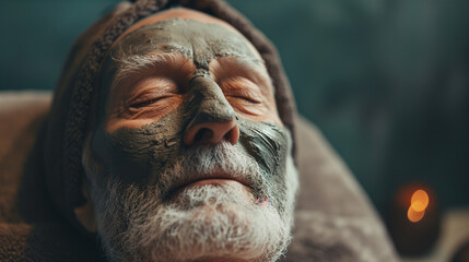 Old man getting a facial skincare treatment in a SPA. Senior gentleman with a clay mask.