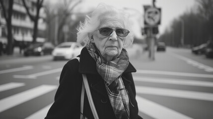 Vintage black and white style photography of an old lady on the street