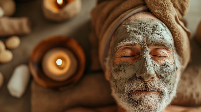 Close up of a senior man enjoying a clay facial mask in a SPA saloon.