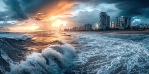 tsunami hit the seaside city thunderstorms passing through some cityside at sunset - obrazy, fototapety, plakaty