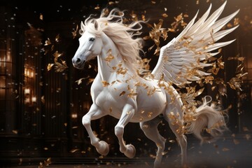 Majestic White Pegasus with Golden Leaves