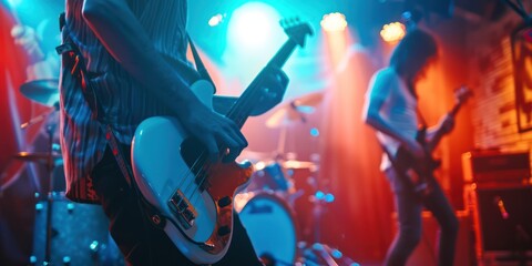 A rock band is playing music at a concert