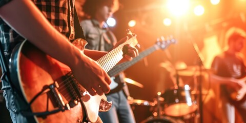 A rock band is playing music at a concert