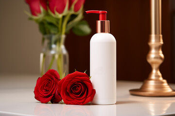 Obraz na płótnie Canvas A cosmetic bottle product for skin care mockup. Natural ingredients, red rose. natural cosmetics. AI