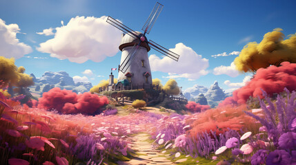 a windmill stands in the middle of a pink garden, in the style of zbrush, anime art, i can't believe how beautiful this is, multi-layered narrative scenes, detailed skies, cartoon mis-en-scene, hyper- - obrazy, fototapety, plakaty