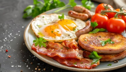 Traditional breakfast of bacon and eggs, sausage and tomato