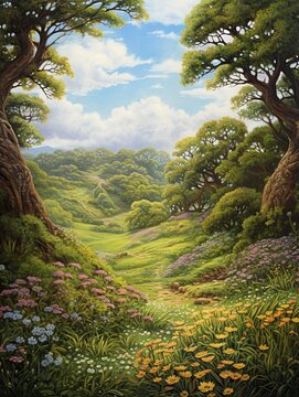 Grecian Mythology Art: Meadow Painting of Pan's Realm Adorned with Rolling Hills