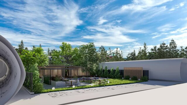 Resort with outdoor dining: Terrace by a swimming pool - loop-able 3D visualization