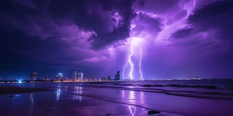Lightning storm over the city in purple light