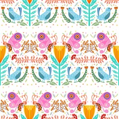 Abstract seamless pattern with blooming bird butterfly flowers and leaves.natural illustration with  flowers background.