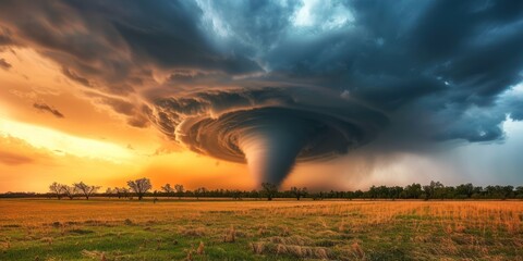 Powerful tornado and supercell thunder storm passing through some isolated countryside at sunset