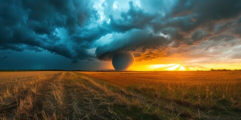 Naklejka na ściany i meble Powerful tornado and supercell thunder storm passing through some isolated countryside at sunset