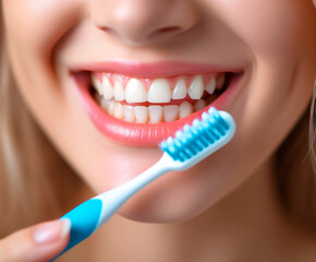 Close up of a woman with a bright white smile holding a toothbrush. Concept of oral hygiene and clean teeth.