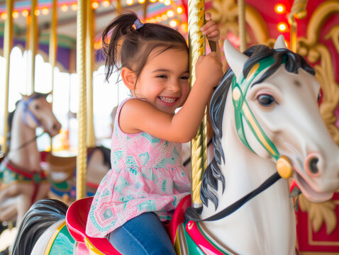 Joyful girl on carousel horse, amusement park fun.
