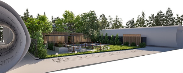 Resort mit Außengastronomie: Terrasse an einem Swimming Pool (isoliert)  - 3D Visualisierung