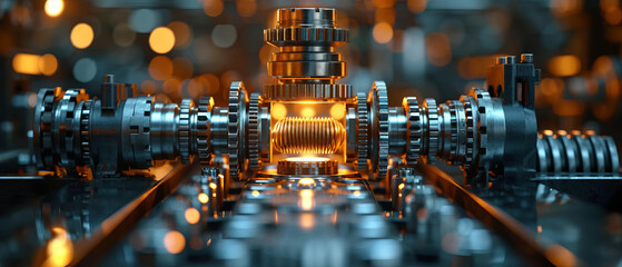 Close up of pistons in cylinder with four valves in a modern engine with gears nearby, generative ai.