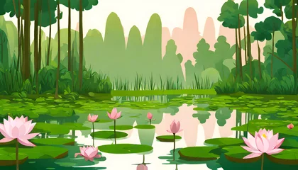 Foto op Canvas Water lilies on lake surface illustration, A pond with water lilies and leaves, Cartoon vector jungle wetland scenery, pond with pink lotus flowers and leaf, Beautiful nature river landscape © Stock PNG & Vector
