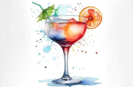 watercolor illustration of refreshing cocktail. alcohol drink in glass with orange slice and straw.