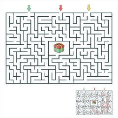 Labyrinth shape design element. Three entrance, one exit and one right way to go.Line maze game. Hard -Medium complexity. Rectangle maze game for kids . Vector illustration isolated on white backgroun
